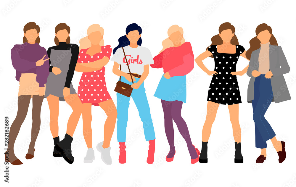 Fototapeta premium Young model woman set posing on white isolated background. Flat illustration - Vector