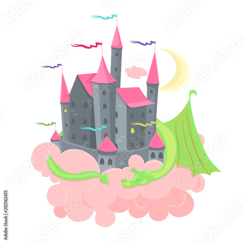 Castle in the clouds with a sleeping dragon. Children s illustration isolated on a white background. Vector graphics.
