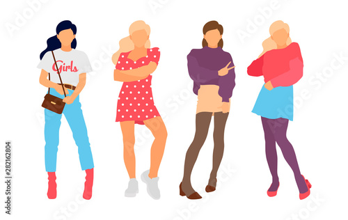Young model woman set posing on white isolated background. Flat illustration - Vector