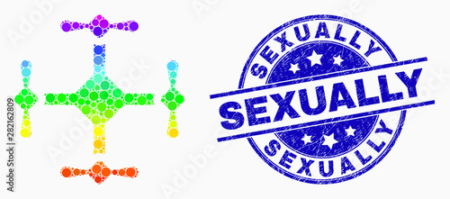 Dot spectral quadcopter mosaic pictogram and Sexually seal stamp. Blue vector round scratched stamp with Sexually title. Vector composition in flat style.