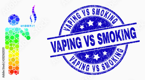 Pixel spectrum smoker mosaic icon and Vaping Vs Smoking seal stamp. Blue vector rounded scratched stamp with Vaping Vs Smoking phrase. Vector combination in flat style.