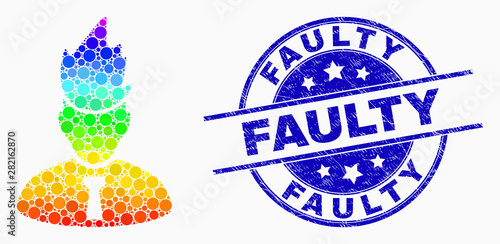 Dot bright spectral flamed manager mosaic pictogram and Faulty seal stamp. Blue vector round textured seal stamp with Faulty phrase. Vector collage in flat style.