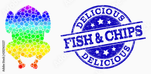 Pixel spectral fried chicken body mosaic icon and Delicious Fish & Chips stamp. Blue vector round scratched watermark with Delicious Fish & Chips caption. Vector combination in flat style.
