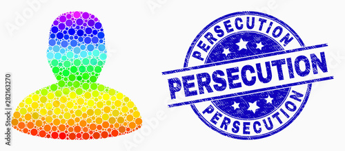 Dotted rainbow gradiented man mosaic pictogram and Persecution seal. Blue vector round grunge seal stamp with Persecution title. Vector combination in flat style.