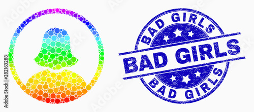 Dotted spectral rounded woman portrait mosaic icon and Bad Girls watermark. Blue vector rounded grunge seal stamp with Bad Girls text. Vector combination in flat style.