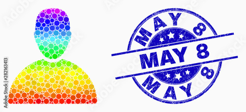 Pixelated spectral man mosaic icon and May 8 stamp. Blue vector round distress stamp with May 8 message. Vector composition in flat style. Spectral gradiented man mosaic of random dots,