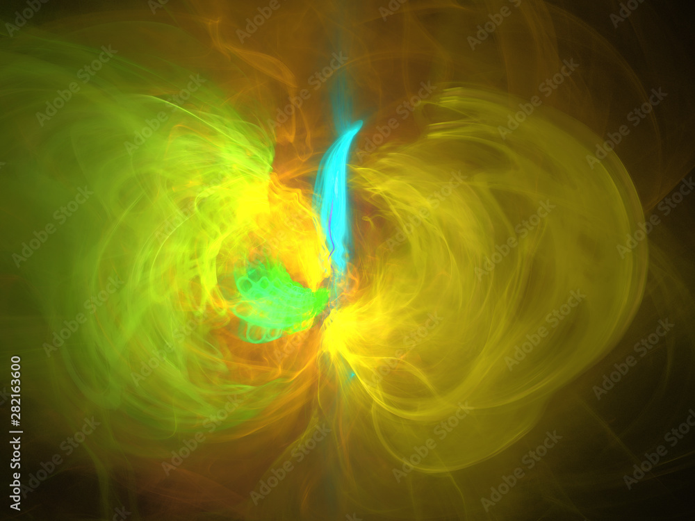 Obraz premium Abstract Green and Yellow Illustration - Soft Iridescent Colorful Circles of Brilliant Energy, Glowing Plasma. Smoke, Energy Discharge, Digital Flames, Artistic Design