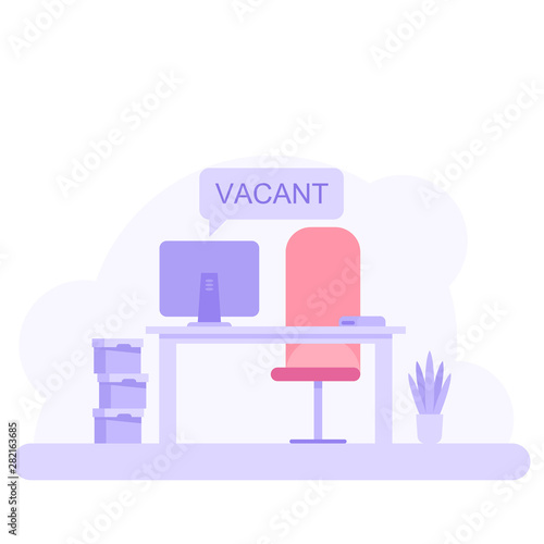 Empty office workplace with vacant sign. Employment, vacancy and hiring job vector concept. Search employee illustration. © kurdanfell