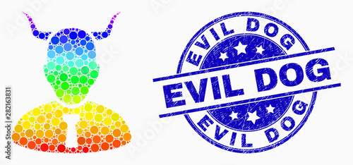 Pixel spectral devil mosaic icon and Evil Dog seal. Blue vector rounded textured seal stamp with Evil Dog title. Vector combination in flat style.