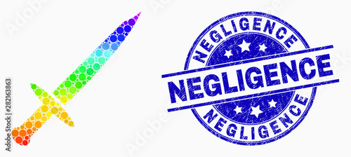 Dotted bright spectral blade knife mosaic pictogram and Negligence seal stamp. Blue vector round textured seal stamp with Negligence title. Vector collage in flat style.