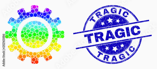 Pixelated spectral cog mosaic pictogram and Tragic seal stamp. Blue vector rounded textured seal stamp with Tragic text. Vector combination in flat style.