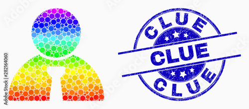 Dot spectrum boss mosaic icon and Clue seal. Blue vector round distress seal with Clue title. Vector combination in flat style. Spectrum gradient boss illustration of randomized spheres,