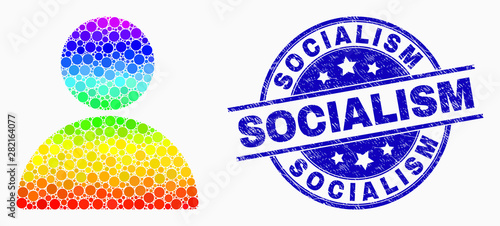 Pixel bright spectral man profile mosaic icon and Socialism seal stamp. Blue vector rounded distress seal stamp with Socialism phrase. Vector collage in flat style.