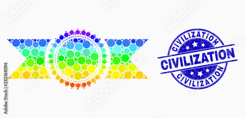 Dotted spectral seal template with ribbons mosaic pictogram and Civilization stamp. Blue vector round scratched stamp with Civilization phrase. Vector composition in flat style.