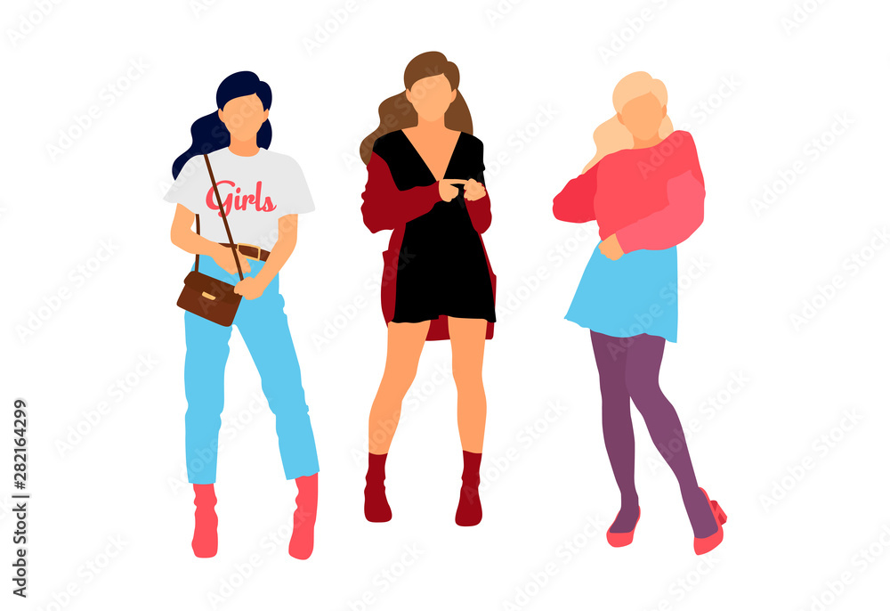 Young model woman set posing on white isolated background. Flat illustration - Vector Young model woman set posing on white isolated background. Flat illustration - Vector