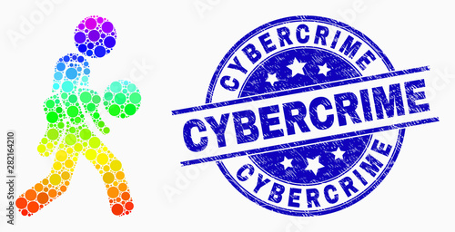 Dot spectral kidnapper mosaic icon and Cybercrime seal stamp. Blue vector round scratched stamp with Cybercrime caption. Vector composition in flat style.