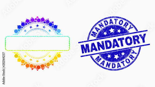 Pixelated bright spectral seal stamp template mosaic icon and Mandatory seal stamp. Blue vector rounded distress seal with Mandatory caption. Vector composition in flat style.