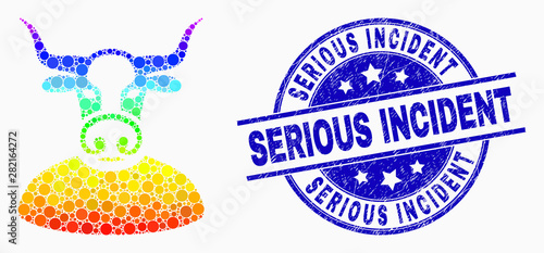 Dotted bright spectral bull chief mosaic pictogram and Serious Incident stamp. Blue vector rounded grunge seal with Serious Incident title. Vector composition in flat style.