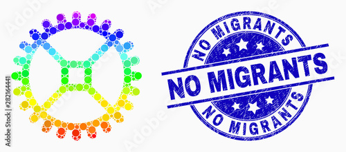 Pixel bright spectral clock gear mosaic pictogram and No Migrants seal stamp. Blue vector rounded scratched stamp with No Migrants title. Vector combination in flat style.