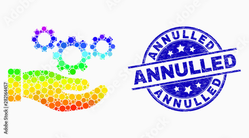 Pixel spectral cogs service hand mosaic pictogram and Annulled seal stamp. Blue vector round distress seal stamp with Annulled text. Vector composition in flat style.