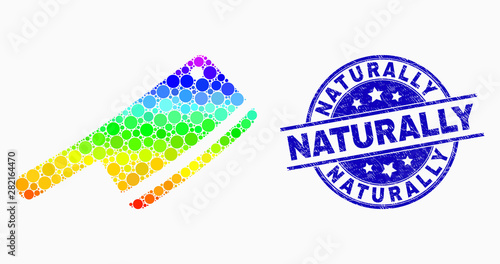 Dotted bright spectral butchery blade mosaic icon and Naturally seal. Blue vector round distress seal stamp with Naturally phrase. Vector collage in flat style.