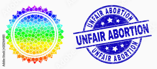 Pixelated rainbow gradiented seal stamp template mosaic pictogram and Unfair Abortion watermark. Blue vector round textured watermark with Unfair Abortion title. Vector collage in flat style.
