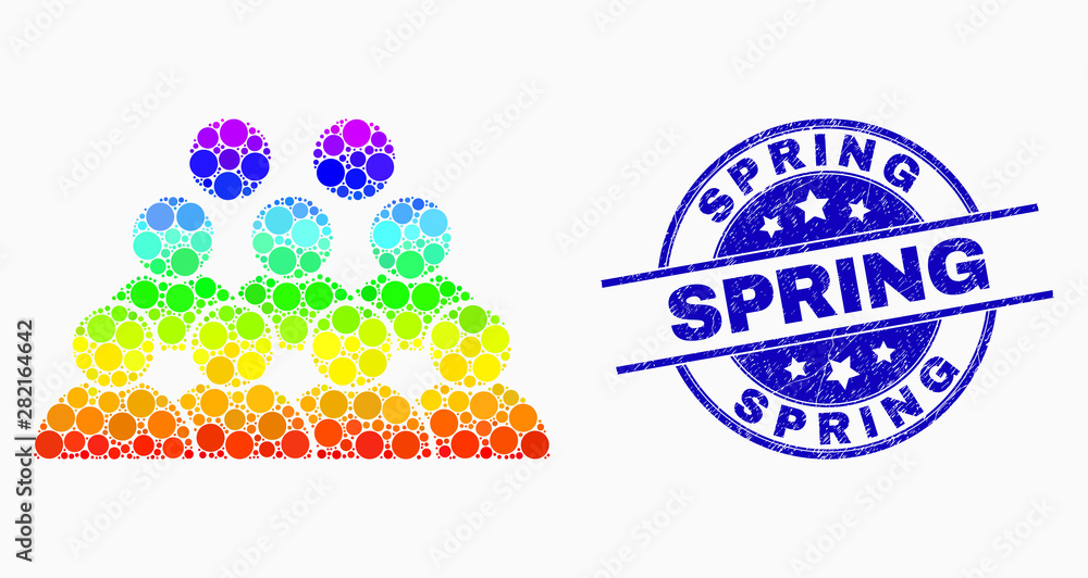 Pixel spectrum staff mosaic pictogram and Spring seal stamp. Blue vector rounded textured seal stamp with Spring phrase. Vector combination in flat style.