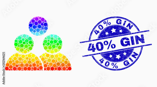 Pixel spectral men mosaic icon and 40% Gin stamp. Blue vector rounded grunge stamp with 40% Gin phrase. Vector composition in flat style. Bright gradiented men mosaic of randomized spheres,
