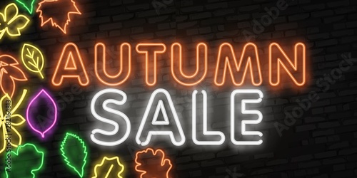 Autumn Sale neon sign, bright signboard, light banner. Autumn Discounts logo, emblem. Offer, shopping and sale advertising design. Night bright neon sign, colorful billboard, light banner. Vector