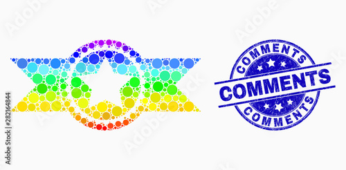 Pixelated bright spectral star seal with ribbons mosaic pictogram and Comments seal stamp. Blue vector round scratched seal with Comments text. Vector collage in flat style.