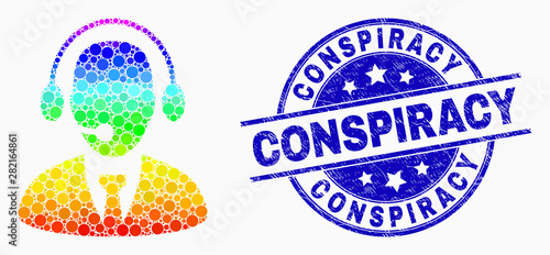 Pixel spectrum secretary mosaic icon and Conspiracy seal stamp. Blue vector round grunge seal stamp with Conspiracy message. Vector composition in flat style.