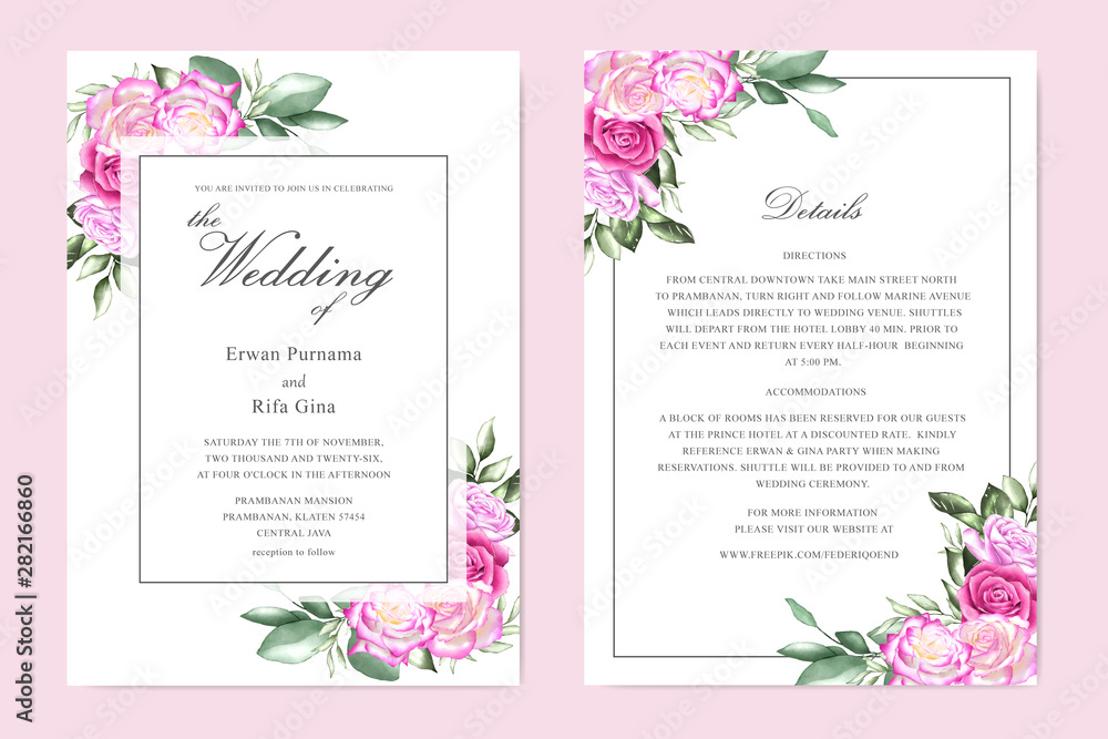 wedding invitation template card design with watercolor floral and leaves