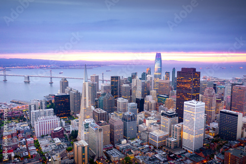 Colorful aerial panorama of San Francisco, California at sunrise