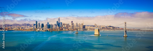 Panoramic San Francisco skyline and the Bay bridge