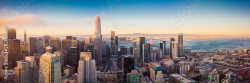 Aerial panorama of the San Francisco skyline and the bay