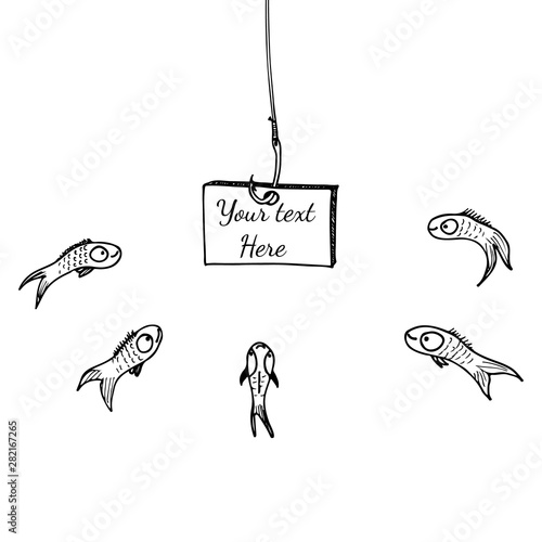 Hook board fishing, great design for any purposes. Illustration for concept design. Vector sketch illustration. Fishing rod cartoon vector isolated. Outline fish. Hand drawing