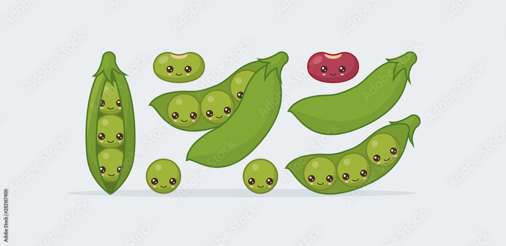 Set peas, bean. Cute kawaii smiling food Set peas, bean. Cute kawaii smiling food
