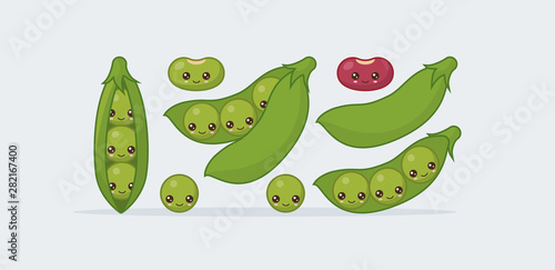 Set peas, bean. Cute kawaii smiling food