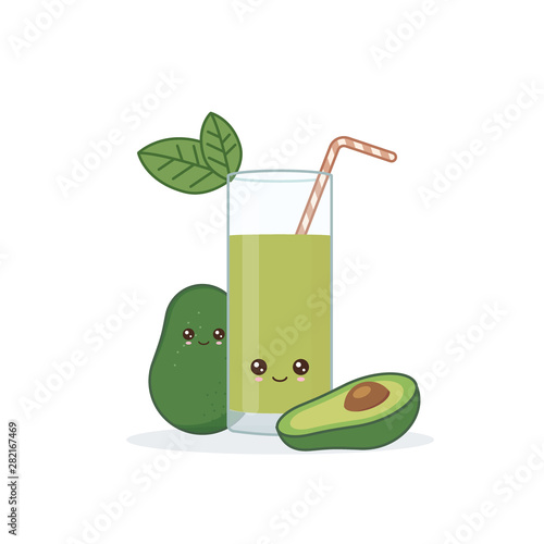 Cute kawai smiling cartoon avocado  juice. Vector