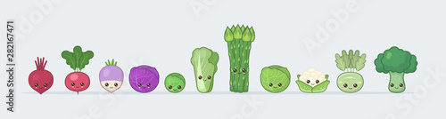 Set cabbage and vegetables. Cute kawaii food