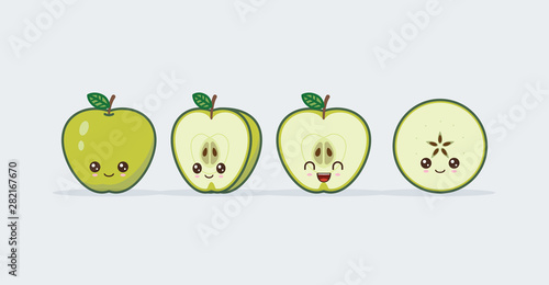 Green apple set drawn cute kawaii food faces