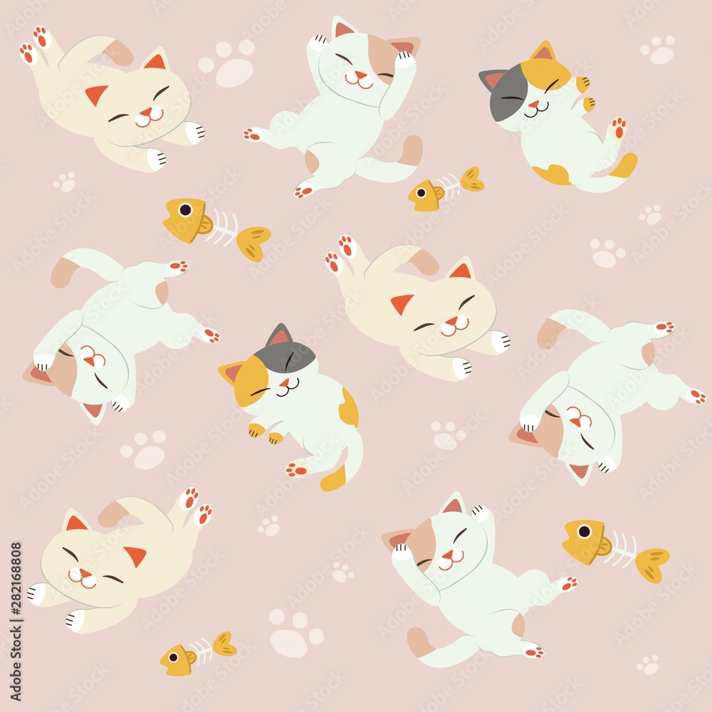 The seamless of cute cat sleeping set. cat sleeping on the pink background.The pattern of footstep and fishbone on the pink background. They look happy and relaxing. cute cat in flat vector style.