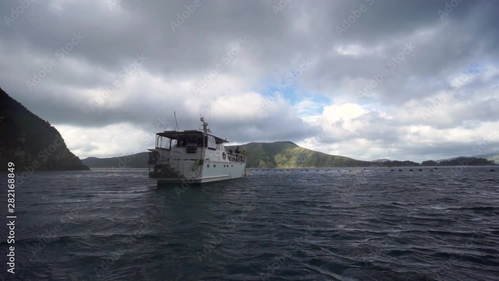 SLOWMO - Cruise boat with people fishing anchored in bay with hill behind in New Zealand