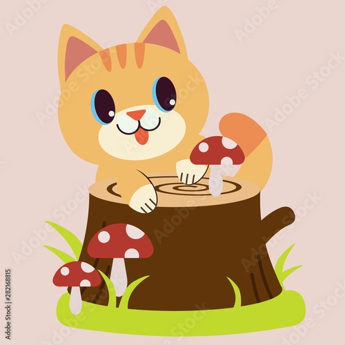 The cute character of cat look happy with the red mushroom of the stump. a cat graps a stump on the pink background. cat look fun. cute cat and mushroom in flat vector style.