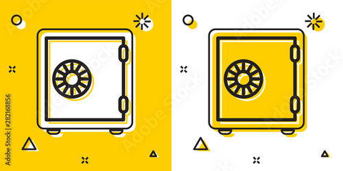 Black Safe icon isolated on yellow and white background. The door safe a bank vault with a combination lock. Reliable Data Protection. Random dynamic shapes. Vector Illustration