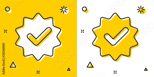 Black Approved or certified medal with ribbons and check mark icon isolated on yellow and white background. Random dynamic shapes. Vector Illustration