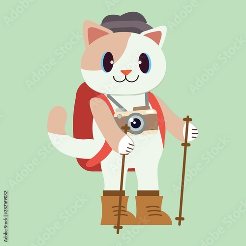 The character of cute cat wear hiking suit for forest trip. cat have a camera. cat wear a hat. cute cat in flat vector style.