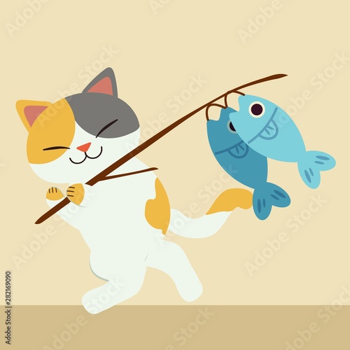the charater of cute cat holding a brach and fish. the cat after it fishing. cute cat in flat vector style.