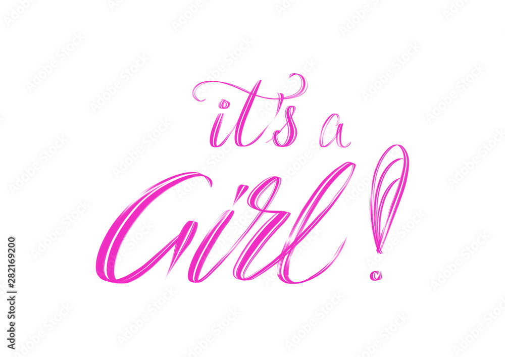 It is a Girl! Elegant hand lettering composition in pink isolated on white