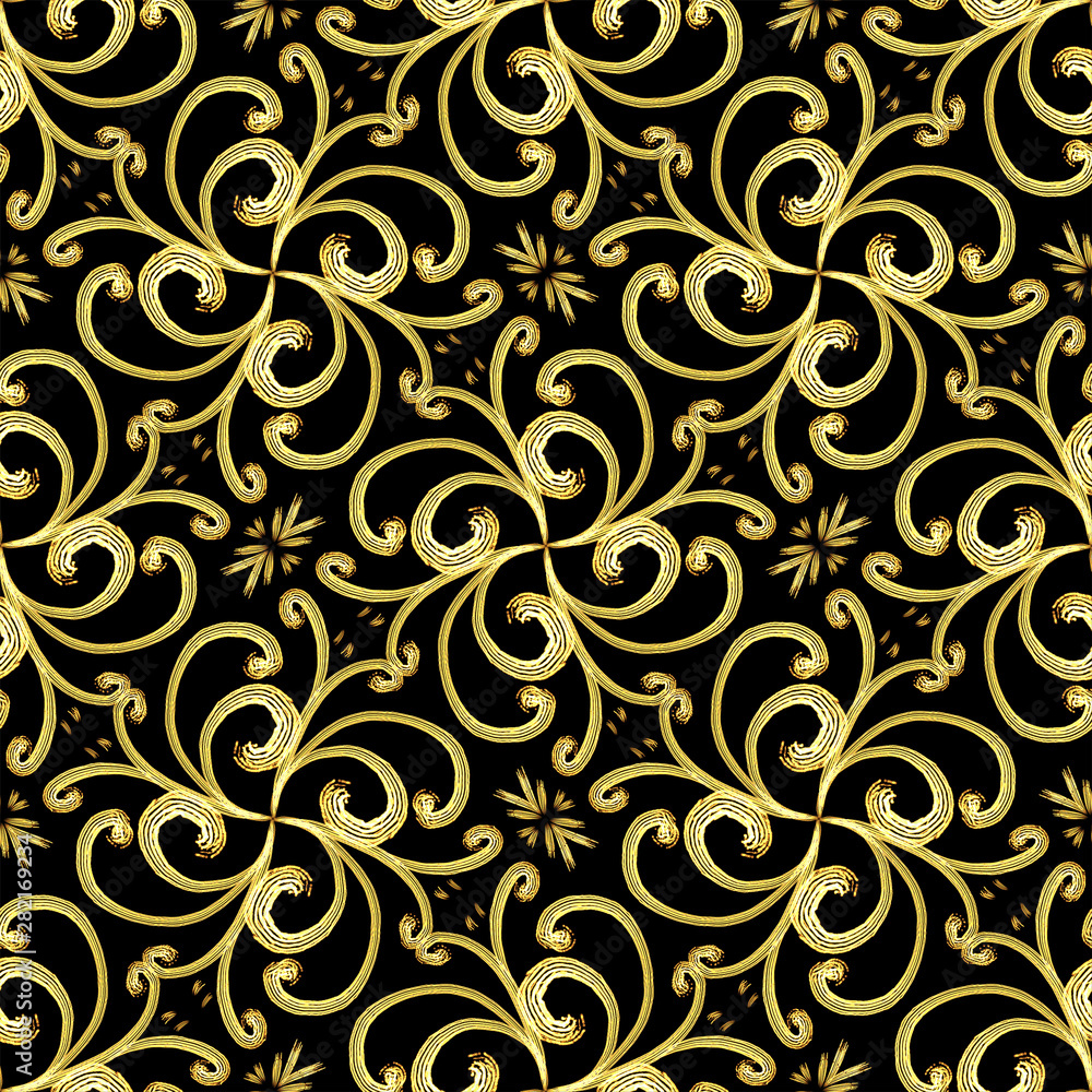 Glowing golden swirls - hand drawn seamless pattern